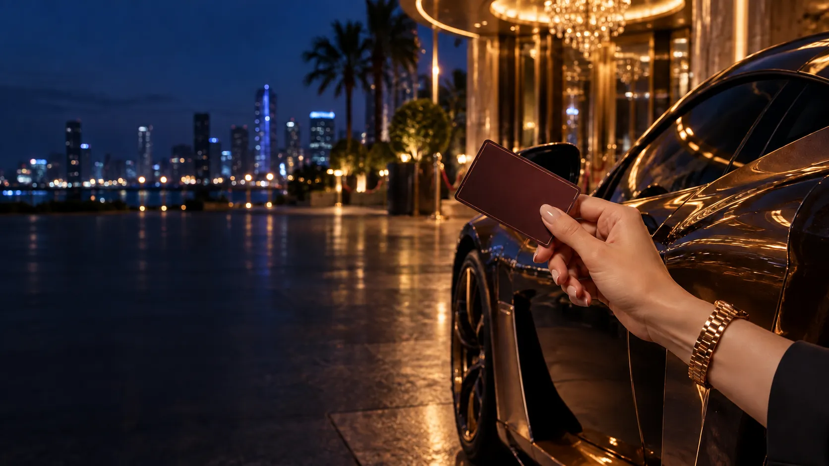 Hand holding a VIP keycard beside a supercar at a casino entrance