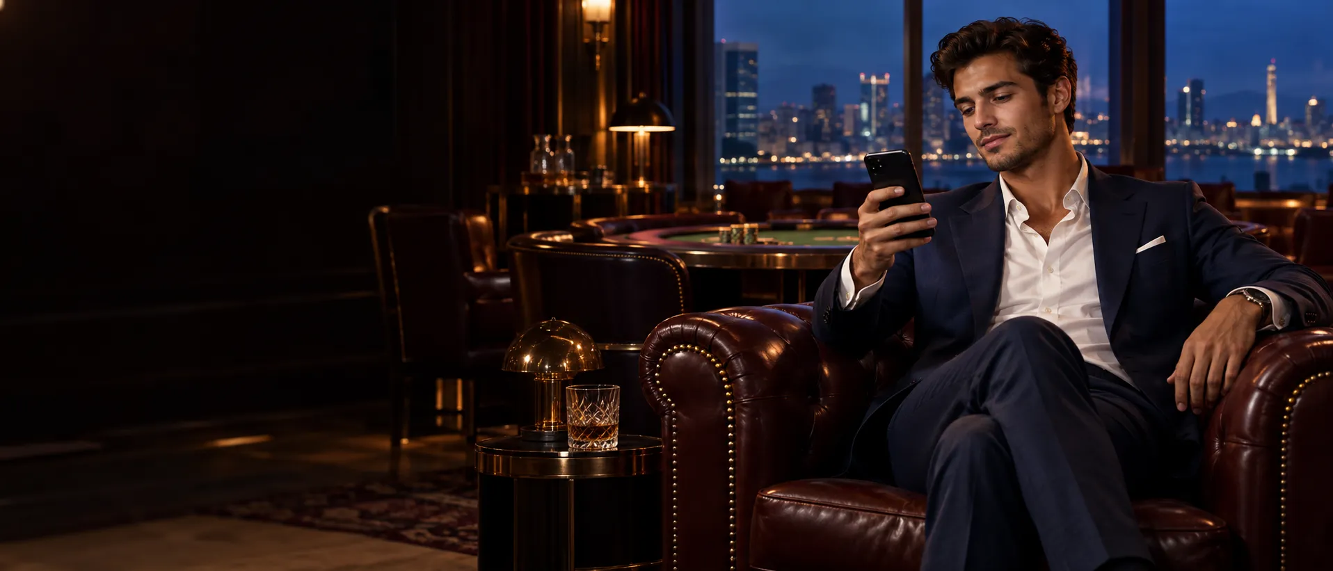 Man relaxing in a poker lounge armchair while checking questions about Here2Win Casino on his phone