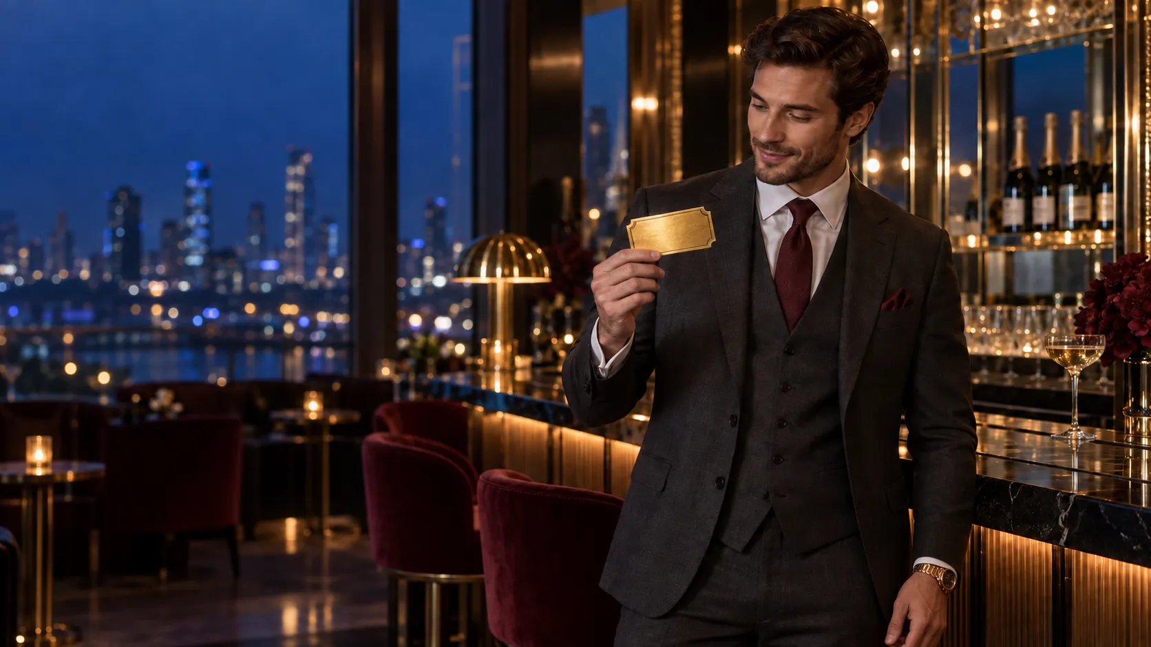 Man in a suit holding a golden ticket at a champagne bar