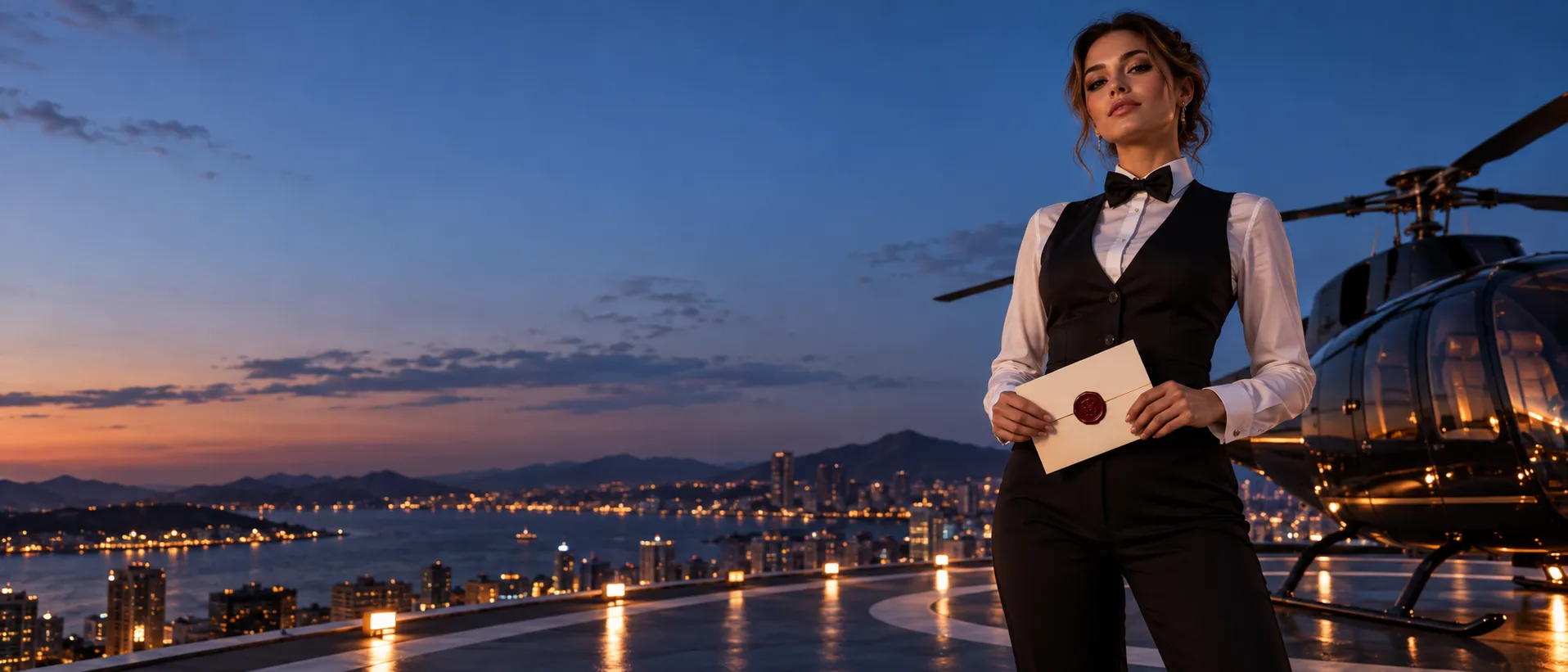 Croupier holding a wax-sealed document on a helipad at dusk