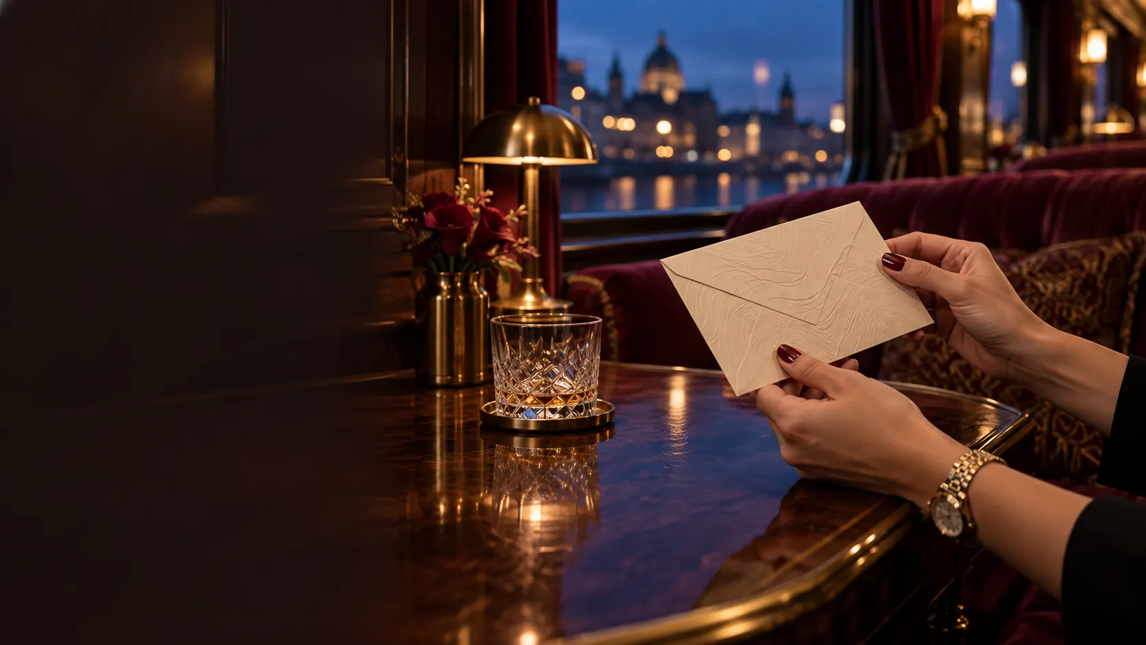 Hand holding an embossed envelope in a luxury train lounge