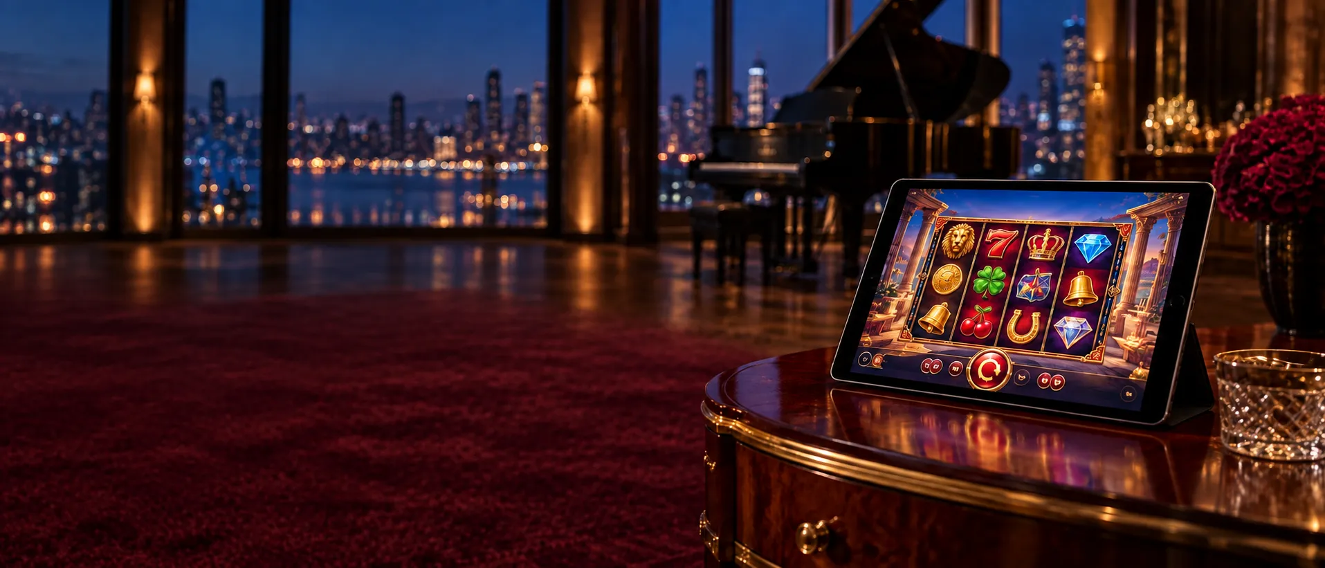 Tablet showing a glowing slot interface on a table in a mansion lounge