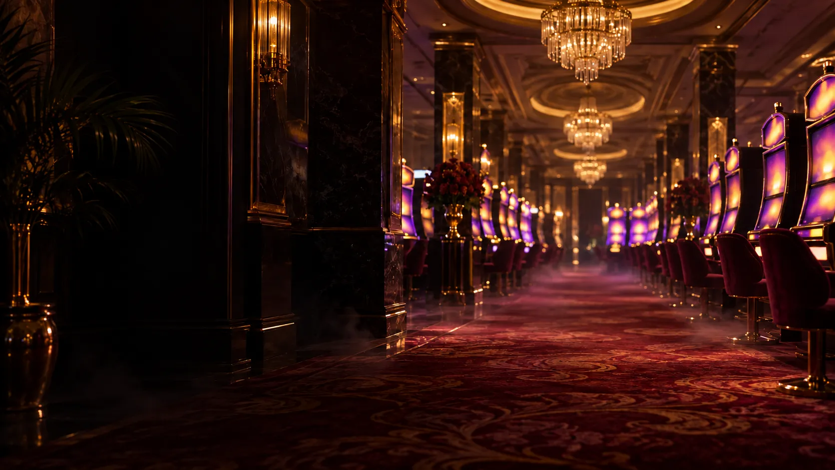 A glowing slot hall backdrop with rows of bright cabinets