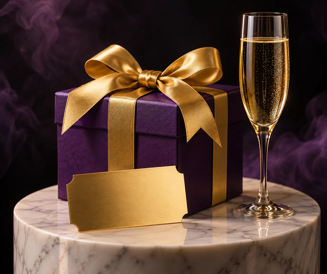 A wrapped gift and a golden ticket displayed on a pedestal